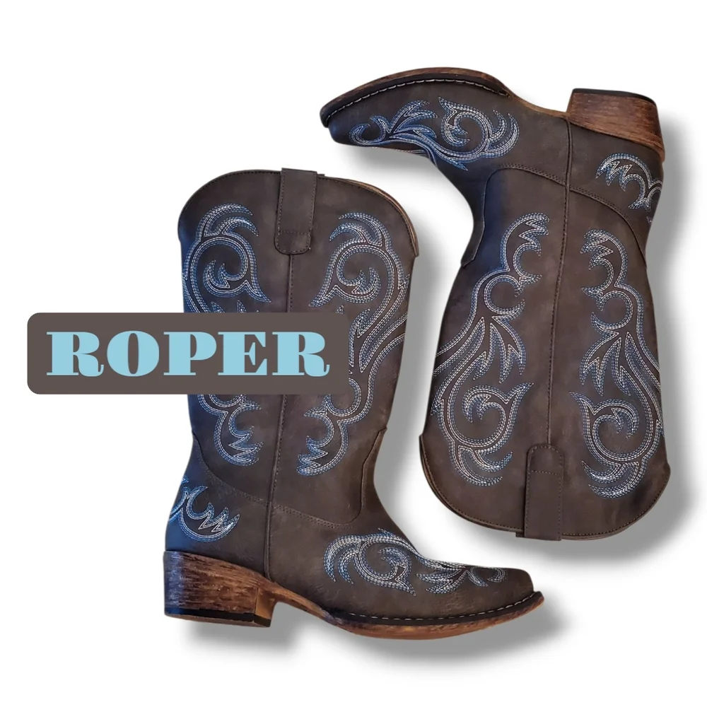 Roper Brown Cowgirl Western Boots with Blue Accents New Women's Size 8.5 - Picture 3 of 10